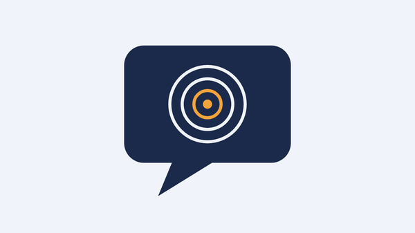 Ink speech bubble holding concentric rings that converge to a single amber point — thought without words