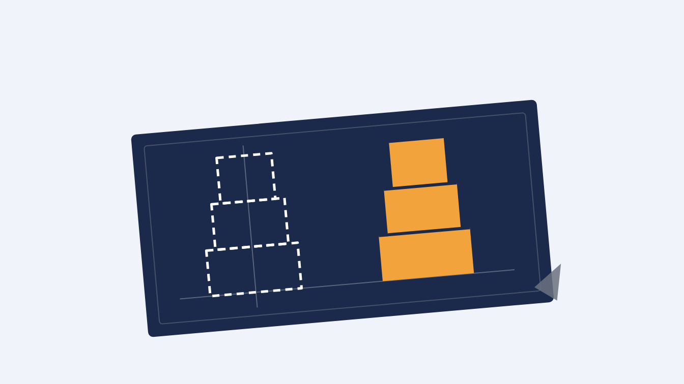 Flat vector: a navy blueprint sheet with a dashed block stack drawn on it, and the same stack built solid in amber standing b