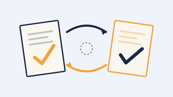 Two sheets of paper swapping check marks with arrows, an empty dashed circle between them